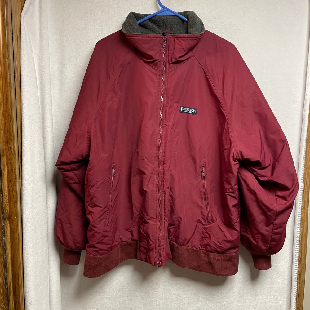 Lands’ End mens zip‎ jacket XL 18 regular fleece lining maroon vintage coat